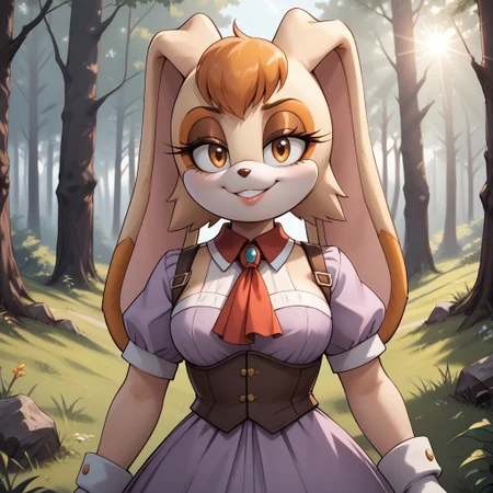score_9, score_8, BREAK, solo, Vanilla the Rabbit, furry, peach fur, orange tuft of hair, hazel eyes, brown eyeshadow, brown nose, floppy rabbit ears, burgundy-fitted vest with golden buttons, lavender dress, lavender skirt, white gloves, sexy pose, self portrait, smile, outdoors, sunlight, shadows, evening lighting, natural lighting, forest, trees, grass, orange sky, sunset