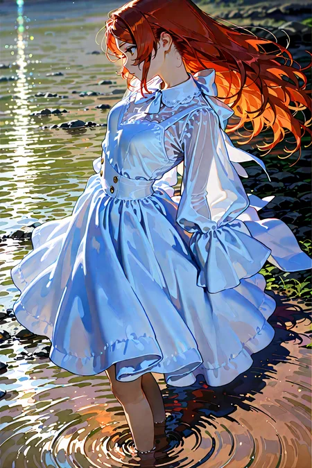 score_9, score_8_up, score_7_up, 1girl, cinematic angle, from side, long red hair, A woman in a simple long-skirted dress looks as if she is standing on the surface of the water, ripples, silence, Depth of field, 4k wallpaper, cinematic shadows, chiaroscuro, dark theme,  [(simple background:1.2)::0.2], (deep shadows background:1.2), masterpiece, best quality, amazing quality, very aesthetic, absurdres, highres, newest, intricate details, <lora:ponyv4_noob1_2_adamW:1.0> <lora:enhancerV4-pony:1> <lora:illustrious_noobai_epsilon_pred_1_best_quality_v1:1> <lora:illustrious_noobai_epsilon_pred_1_masterpieces_v1:1>