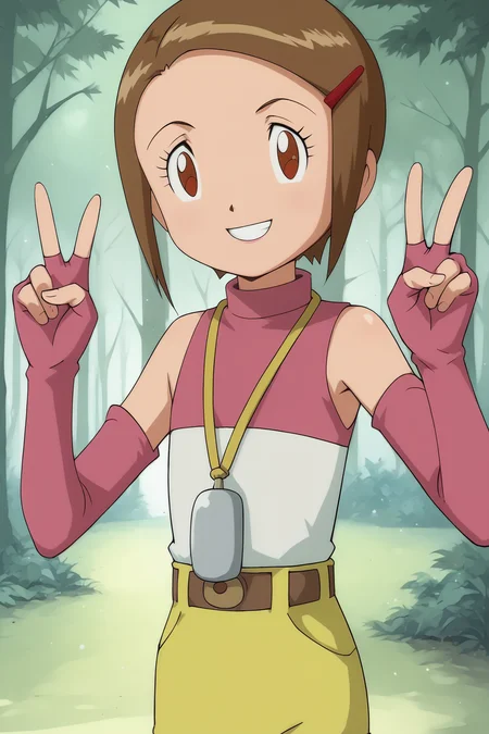 score_9, score_8_up, score_7_up, score_6_up, BREAK, KariDA2PXL, brown eyes, brown hair, short hair, red hairclip, flat chest, yellow necklace, pink shirt, detached sleeves, pink elbow gloves, fingerless gloves, belt, yellow shorts, short shorts, solo, front view, (portrait, upper body), peace sign, solo focus, seductive smile, looking at viewer, forest, tree <lora:KariDA2PXL:1>