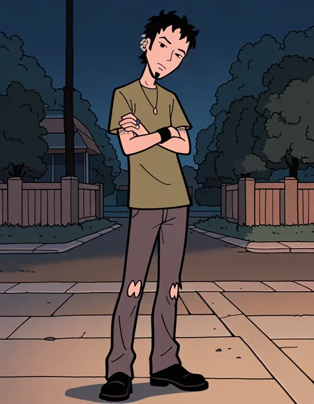masterpiece, best quality, absurdres, newest, perfect quality, best quality, absolutely eye-catching, detailed background, intricate details, anime, male focus, <lora:Daria - Trent Lane - Illustrious-000010:0.8>, trentlane, 1boy, mature male, black hair, black eyes, goatee, multiple earrings, green shirt, necklace, single wristband, multiple rings, black pants, torn pants, black shoes, head tilt, looking at viewer, outdoors, standing, crossed arms