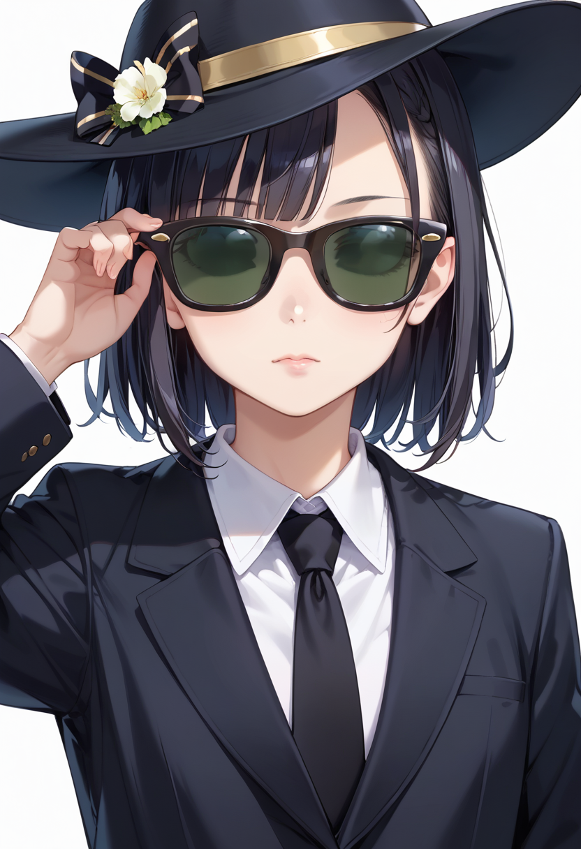 score_9, score_8_up, score_7_up, rating_safe, masterpiece, best quality, absurdres, unity 8k wallpaper, official art, official style, source_anime, uncensored, game cg, megami magazine,
1girl, solo, black hair, medium hair, upper body, covered eyes,sunglasses,  suit, black suit, necktie, black necktie, black fedora, black hat,
sg_WAYFARER, sunglasses, covered eyes, white background, simple background, darkgreen tinted eyewear, black-framed eyewear, 
 <lora:glasses_wayfarer_PONY_V1:1>