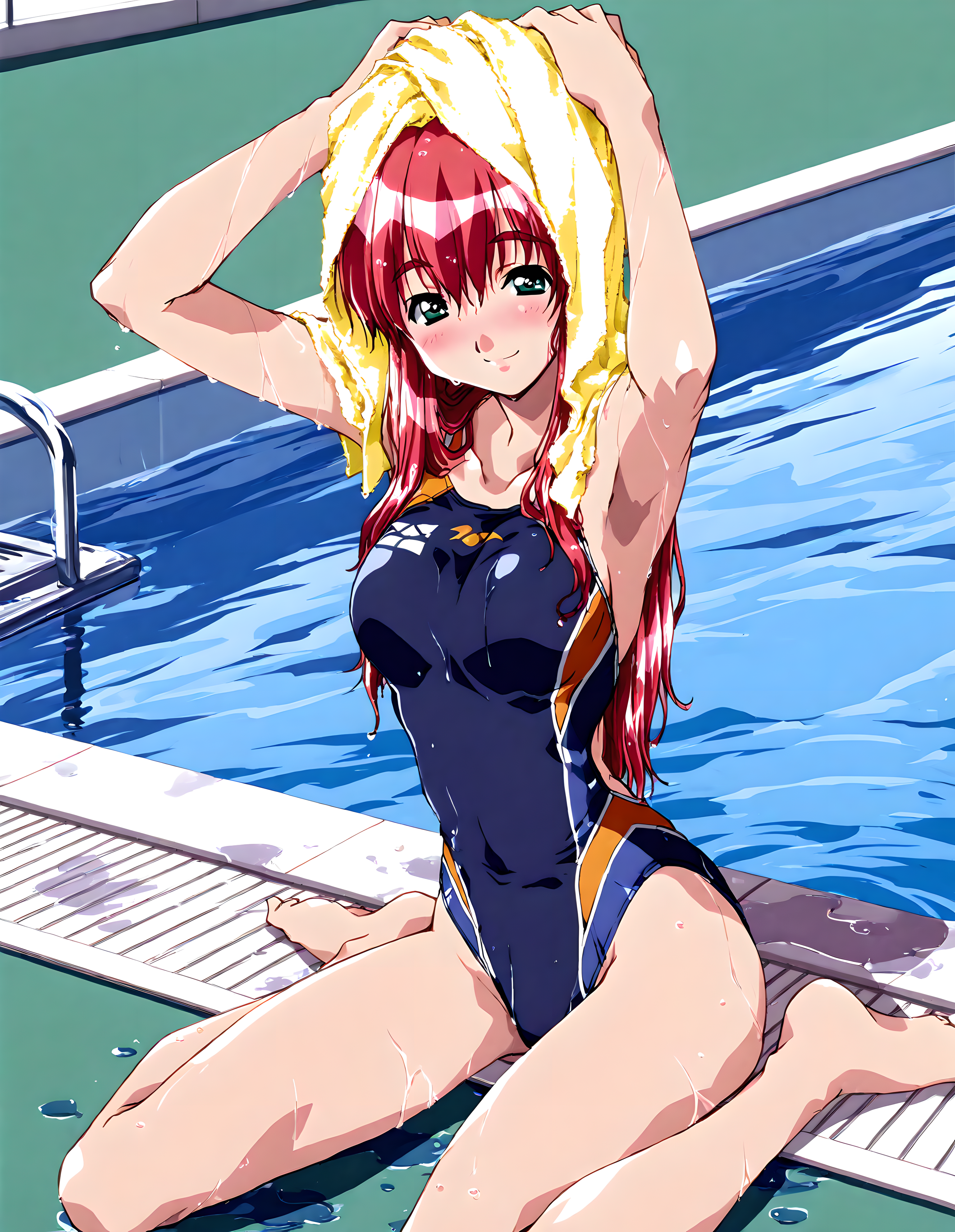 <lora:illustrious_XL_chitose:0.8>,chitose,masterpiece,best quality,good quality,1girl,solo,long hair,competition swimsuit,pool,poolside,arms up,armpits,soaked,towel,towel on head,wet_hair,wariza,smile,light_blush,