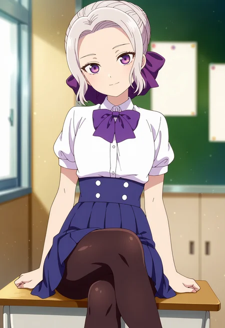 anime screencap, masterpiece, best quality,
<lora:KanojoMoKanojo_KiryuuShino_IlluXL:0.9>,
1girl, solo, closed mouth, light smile, head tilt,
short hair, grey hair, parted bangs, forehead, purple eyes, single hair bun, hair bow, purple bow,
ShinoSchool, white shirt, purple bowtie, puffy short sleeves,
high-waist skirt, pleated skirt, blue skirt, black pantyhose,
arms at sides, sitting, crossed legs, looking at viewer, cowboy shot,
blurry background, indoors, classroom