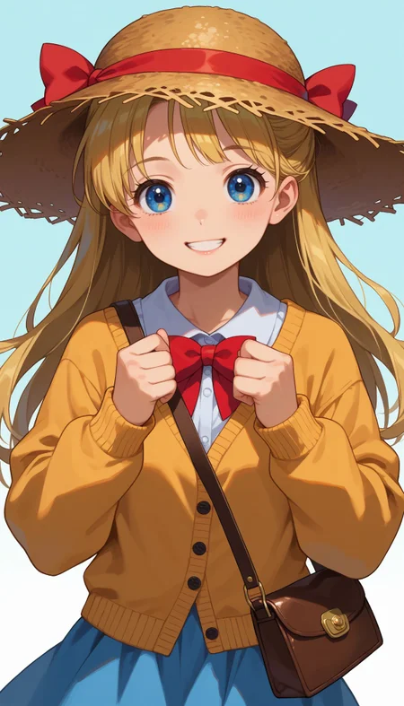 score_9, score_8_up, score_7_up, score_6_up, , solo, 20yo woman, (Beuty:1.1) , (cute:1.3), ,perfecteyes , seductive smile,perfect , (simple background:1.1), looking at viewer,
<lora:Sailor Venus:0.9>, minako aino, blonde hair, blue eyes, bow, hair bow, half updo, long hair, red bow, dynamic pose, solo, 1woman, woman, happy, easynegative, otome, cute dress, cardigan, mary janes, straw hat, purse