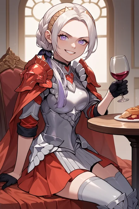 score_9, score_8_up, score_7_up, score_6_up, source_anime, BREAK 1girl, solo <lora:edelgard-pdxl-nvwls-v1:1> hopesEdel, crown braid, long ponytail, hairband, purple ribbon, armor, red cape, black gloves, red skirt, armored legwear, grin, looking at you, table, indoors, plates of food, sitting, looking at you, wine, holding wineglass