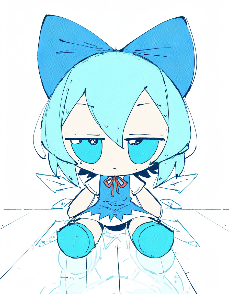 StyleBirdBlitz,(flat color), chibi,
1girl, solo, (fumo \(doll\)), sitting, jitome, cirno, straight-on, white background, floor reflection