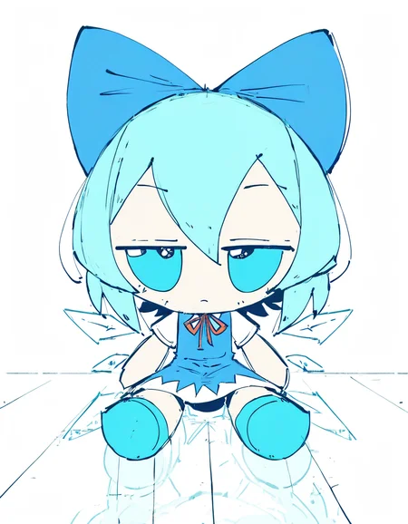 StyleBirdBlitz,(flat color), chibi,
1girl, solo, (fumo \(doll\)), sitting, jitome, cirno, straight-on, white background, floor reflection