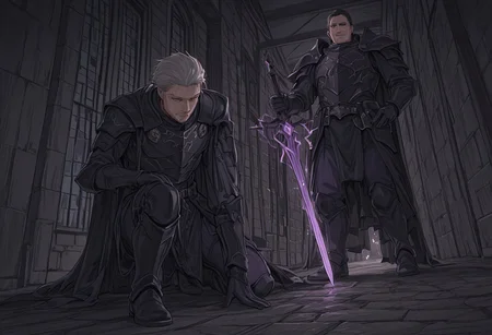 Char1 (1tall caucasian man, middle aged, Long dark hairs, combed back hair,),BREAK, (dark armor, magical sword, magical ornemants, black cape with purple lining),BREAK, (Exploring, cautious attitude, dynamic pose, full lenghth,),BREAK,(dark fantasy, medieval city),BREAK,(masterpiece), score_9, score_8_up, score_7_up,4k, source_anime, ((high quality)), absurdres, (best quality), newest, HDR