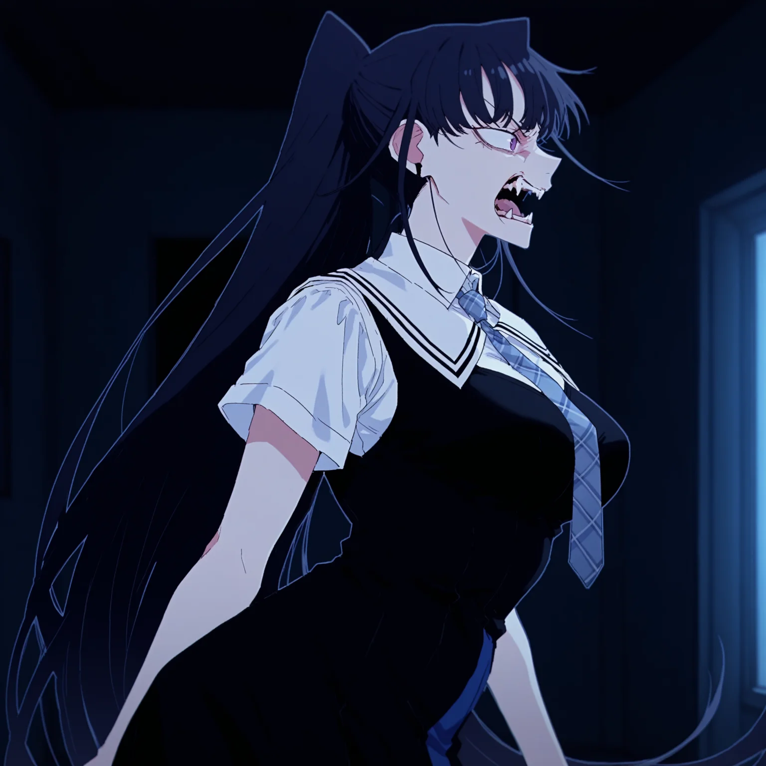 <lora:Ado_Usseewa_Style:1> usseewastyle
1girl,solo,
<lora:sakaki_yumiko_ILXL:0.5> sakaki yumiko, 1girl, solo, black hair, long hair, purple eyes, large breasts, school uniform, pinafore dress, black dress, blue dress, two-tone dress, short sleeves, white shirt, blue necktie, plaid necktie,
angry,fangs,
profile,
masterpiece,best quality,amazing quality,
dark room,
(half closed eyes:0.7),