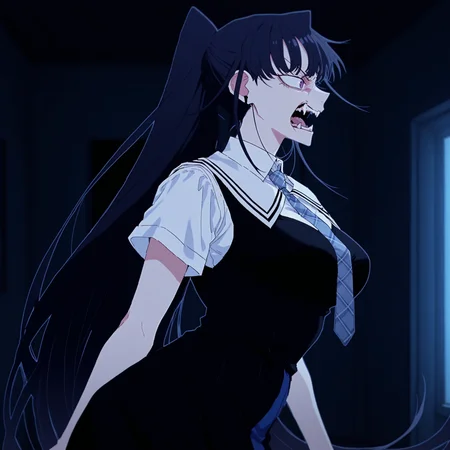 <lora:Ado_Usseewa_Style:1>  usseewastyle
1girl,solo,
 <lora:sakaki_yumiko_ILXL:0.5> sakaki yumiko, 1girl, solo, black hair, long hair, purple eyes, large breasts, school uniform, pinafore dress, black dress, blue dress, two-tone dress, short sleeves, white shirt, blue necktie, plaid necktie, 
angry,fangs,
profile,
masterpiece,best quality,amazing quality, 
dark room, 
(half closed eyes:0.7),