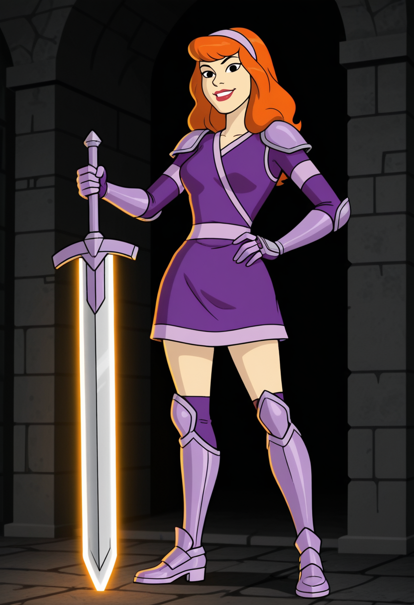 <lora:dmd2fast_sdxl_4step_lora_fp16:0.8> parody, <lora:Daphne_WNSD_Illus:1> daphne_blake_wnsd, 1girl, solo, parody, lipstick, hairband, long hair, orange hair, breastplate, elbow pads, armored boots, armored gloves,  shoulder armor, armband,  makeup, hand on own hip, outdoors, dungeon, grin, looking at viewer, holding sword, huge weapon, planted sword, glowing weapon,