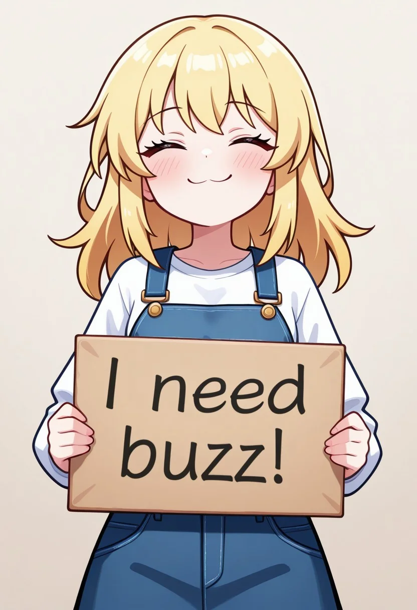 1girl, standing, smug, blonde hair,happy, ,need_buzz, holding sign