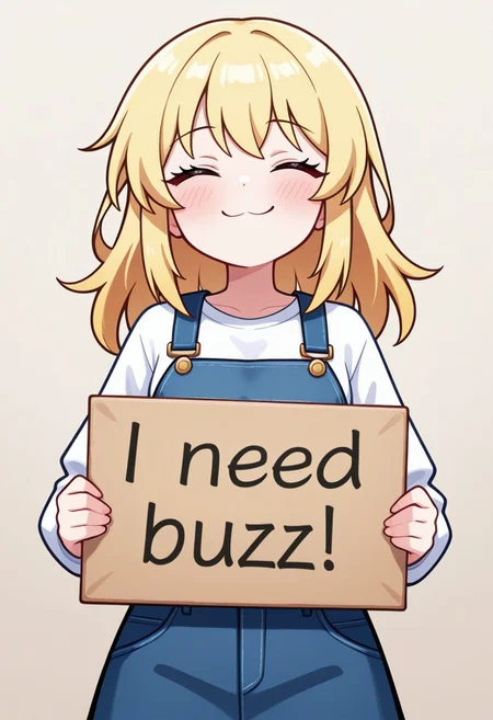 1girl, standing, smug, blonde hair,happy, ,need_buzz, holding sign