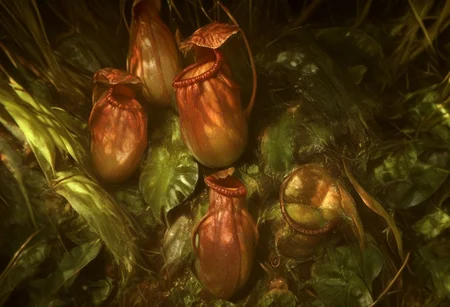 score_9, score_8_up, score_7_up, score_6_up, score_5_up, score_4_up, source_anime, morimee_style, volumetric lighting, pitcher carnivorous plant, jungle background,
