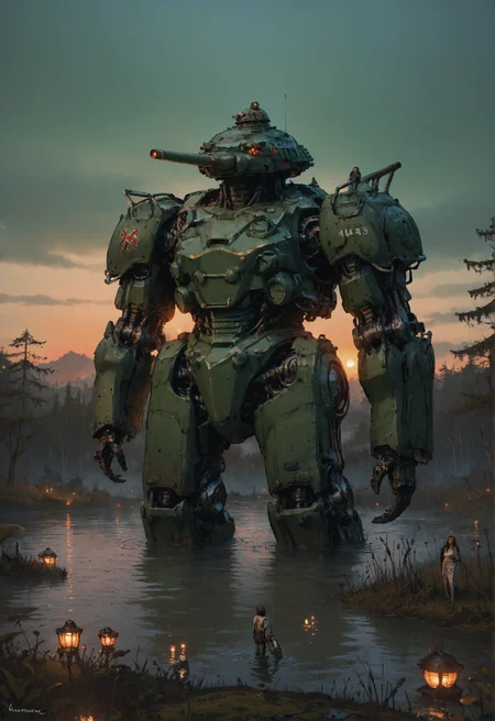 score_9, score_8_up, score_7_up, <lora:MechaForge-000003:1> m3chaf0rge, giant, giant mech, mecha, bipedal mech, science fiction, sunset, tank, military mech, full body, legs, swamp, wetland, people,