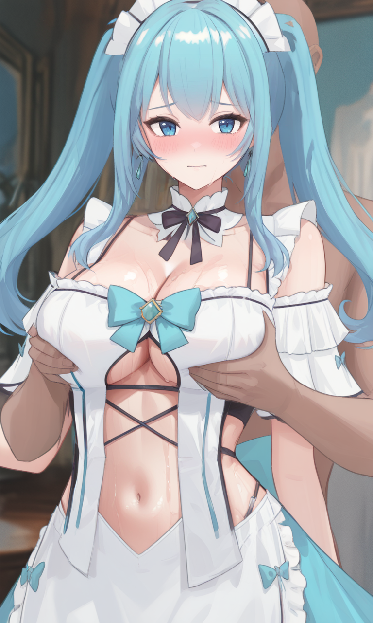 ((masterpiece, best quality, absurdres, highres, newest, very aesthetic, extremely detailed, very awa, year 2024, detailed background, perfect anatomy, surreal)),year 2023,<lora:lora-SEPTYA>,<lora:illustrious_noobai_epsilon_pred_1_masterpieces_v1:0.4>,<lora:UnifiedTheory:0.5>,<lora:Lirusso_Vtuber_1622999:0.8>,liruv1,(24 yo:0.8),24 year old girl,1girl,long hair,bangs,clothing cutout,bare shoulders,navel,twintails,virtual youtuber,blue eyes,frills,earrings,dress,blue bow,white dress,looking at viewer,blue bow,
shiny,shiny skin,oiled,1girl,1boy,maid,maid headress,maid apron,tail,detailed face,expresive eyes,large breasts,close-up,shy,blush,groping another's breasts,breasts squeeze,miyuai,masterpiece,best quality,high quality,highly detailed,good quality,newest,