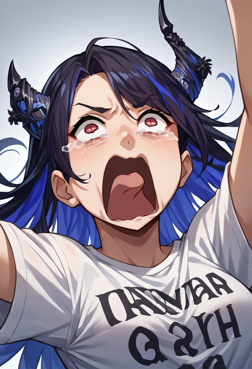 score_9, score_8_up, score_7_up, source_anime, 1girl, solo, NerissaRavencroft, colored inner hair, black hair, blue hair, red eyes, slit pupils, uneven horns, long hair,  aquascreaming, screaming, open mouth, crying with eyes open, t-shirt, <lora:ChamNerissaRavencroftPonyXL:1>, <lora:concept_aquascreaming_ponyXL:1>