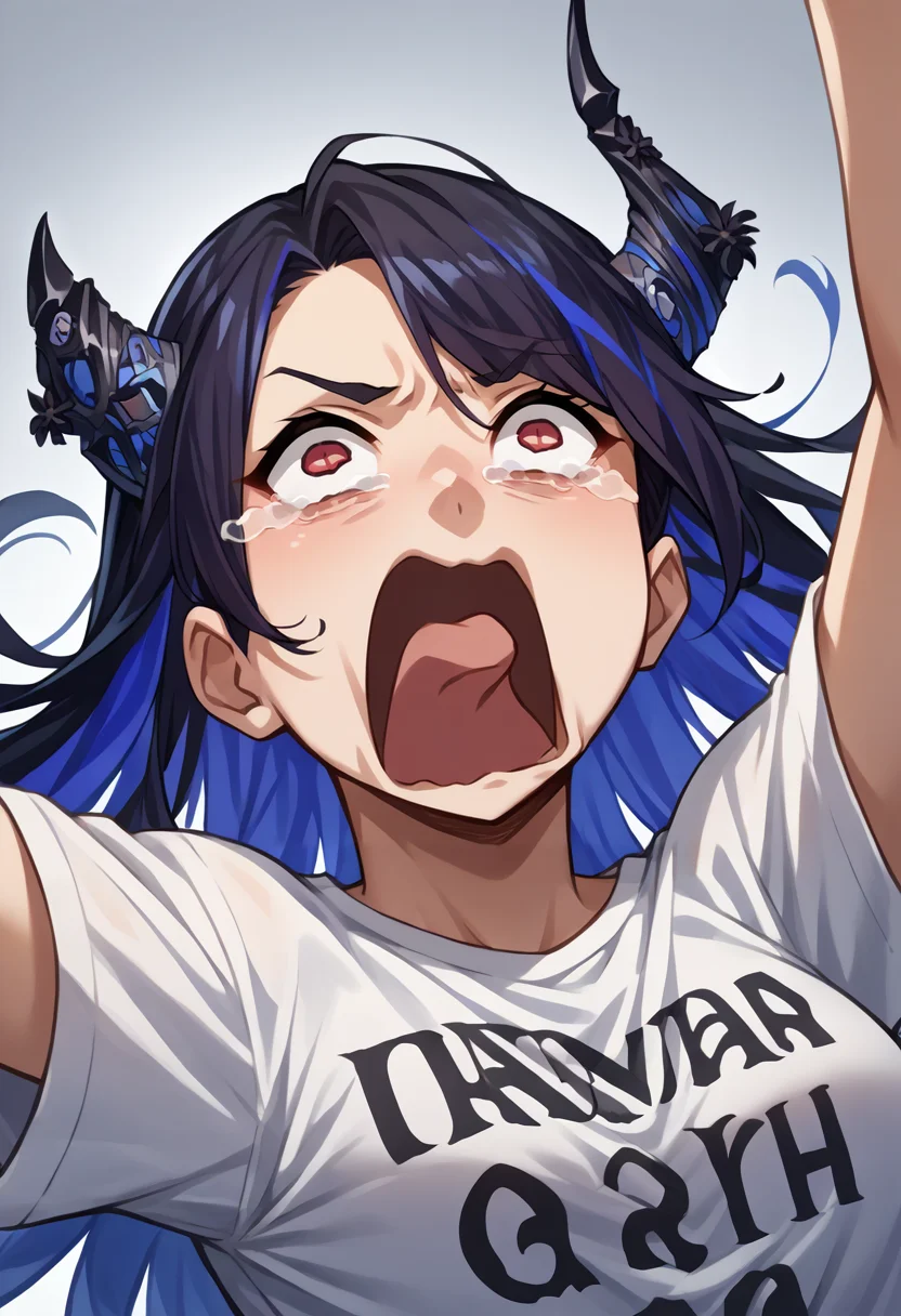 score_9, score_8_up, score_7_up, source_anime, 1girl, solo, NerissaRavencroft, colored inner hair, black hair, blue hair, red eyes, slit pupils, uneven horns, long hair, aquascreaming, screaming, open mouth, crying with eyes open, t-shirt, <lora:ChamNerissaRavencroftPonyXL:1>, <lora:concept_aquascreaming_ponyXL:1>