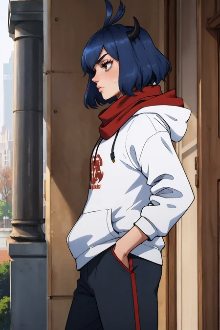 masterpiece, best quality, <lora:secre-nvwls-v1-000009:1> secre, ahoge, horns, yellow hoodie, sweatpants, hands in pockets, from side, furrowed brow, scarf
