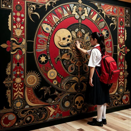 Medieval themed artwork depicting screwed up white-toned Brazilian female lifeguard wearing school uniform examining an intricate steampunk Halloween zombie warning sign intricate black and scarlet fractal details. magical, billowing dark dust, very elaborate. The overall feel of the image is painterly. Additionally the image incorporates elements of mixed media including flowing lines drawn with fine pens and appliqued silverleaf. The general effect is of timeless fine art elegance. <lora:midjourney_whisper_chromaplex_v1:0.3> <lora:Paper_Marbling_Flux:0.5> <lora:Pacific_Northwest_r1:0.3> <lora:BookOfKells-Rapid:0.3> <lora:Embroidered_Quilting_Flux:0.3>