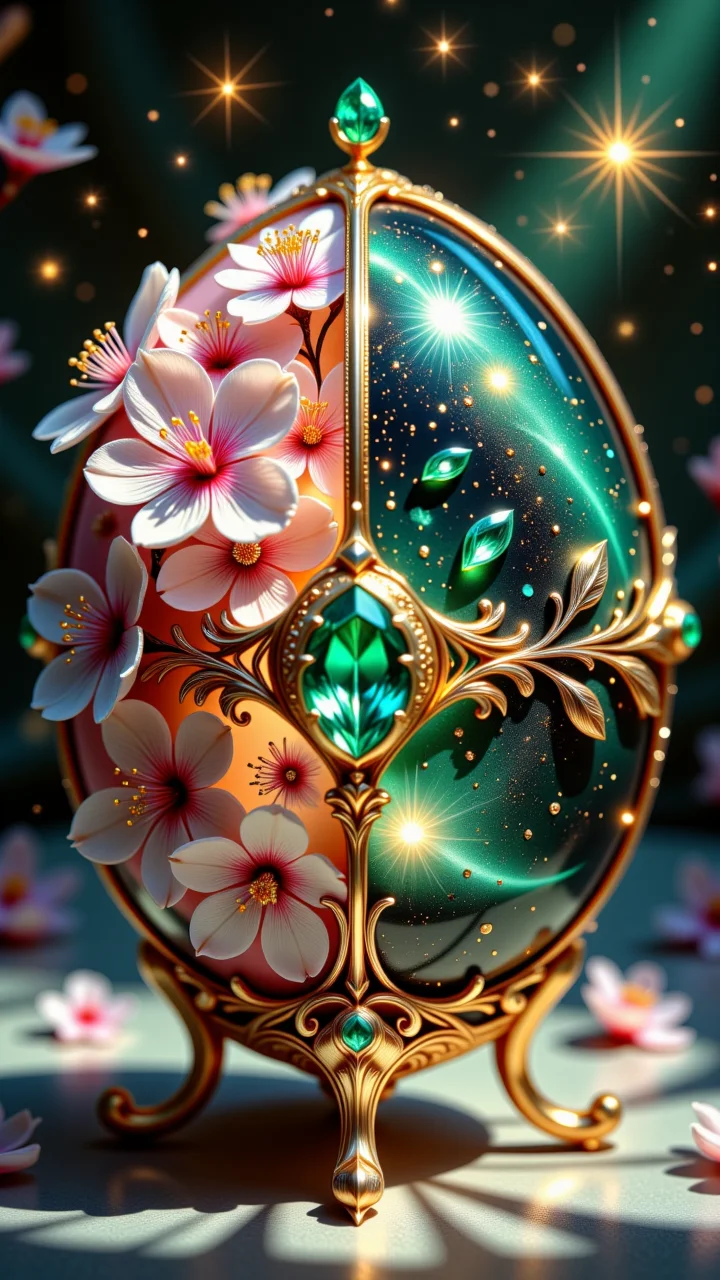 reij-ccntdlty, still life setting of dual nature, an Fabergé-Egg, 2 parts of duality, (egg frame decorated with gemstones and display of art nouveau opulence), (left half of the Fabergé-Egg is made of cherry blossoms) and (the right half of the Fabergé-Egg is made of emerald). A dynamic macro photograph of a dual-themed Fabergé Egg, emphasizing its spectacular contrast between nature and opulence. The left half is a delicate cascade of cherry blossoms, their soft petals meticulously detailed to capture their natural texture and subtle veins. The right half radiates with vibrant emeralds and a soft dusting of glittering stardust, shimmering like a galaxy encapsulated in fine jewelry. The eggâs Art Nouveau frame, adorned with intricate golden vines and gemstones, adds an air of timeless sophistication. Captured with dramatic lighting, the warm glow on the cherry blossoms transitions seamlessly to a cool, radiant light over the emeralds, creating a striking juxtaposition. Shadows dance across the background, further enhancing the eggâs magnificence and elevating its dual-nature theme. <lora:Duality-000006:1>, reij-ccnt, accent details, <lora:accent4FLUX:0.3>