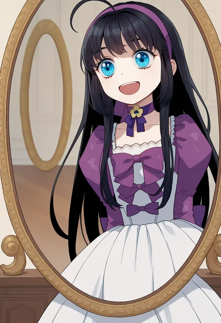 score_9, score_8_up, score_7_up, source_anime, ,
BREAK
1girl, solo,
<lora:shiAbiDaughtV1:1>,
shiabidaupurp, vnstyle,
black hair, blue eyes, long hair, ahoge, purple hairband,
white dress, purple bow, purple choker, ribbon choker, puffy sleeves
looking at mirror, reflection, smile, open mouth,