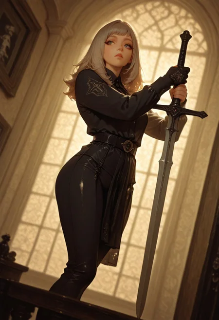 masterpiece, best quality, good quality, very aesthetic, absurdres, newest, 8K, depth of field, focused subject, perfect eyes, solo, 1girl, , dutch angle, body shot, dramatic lighting, masterpiece, highres,\\,by Ashley Wood, Female figure, standing pose, holding a sword, (facial expression:1.1), (pose:1.2), (detailed clothing:1.2), (accessories:1.1), (body type:1.1), (ethnicity:1.0), dark tones, muted colors, abstract style, oil painting, textured surface, medium shot, figure centered, figure facing slightly left, composition centered, strong lighting contrasts, light beige and cream background, dramatic atmosphere, (detail background:1. 0), sharp focus, brushstrokes, detailed facial features (1.1), detailed hand details (1.1), detailed clothing design (1.2), medium heavy brushstrokes, art style, detailed textures, modern art, character design.