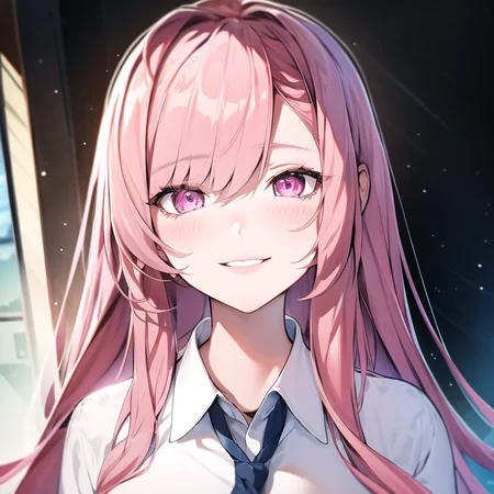 1girl, portrait, pink hair, pink eyes, smiling, long hair, collared shirt,
<lora:HoukiseiStyle:1>