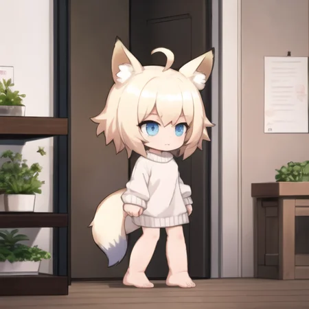 chibi, full body, standing, fox ears, tail, platinum blonde hair, blue eyes, sweater dress, bottomless, barefoot, indoors, hydroponics, ahoge, disheveled hair, <lora:AKTEST-09:1>, standing straight