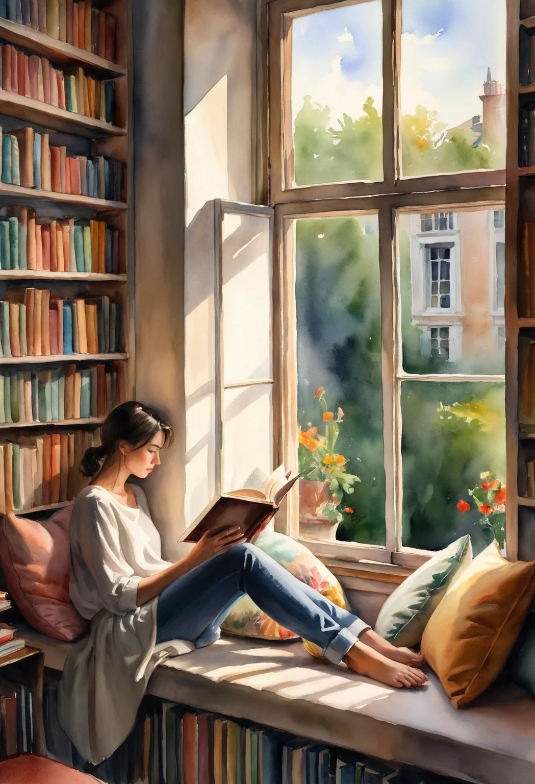 A woman reading in a window sill with cushions, next to the window are bookshelves on both sides, 8k, masterpiece, award winning art, amazing natural lighting, painterly, watercolors