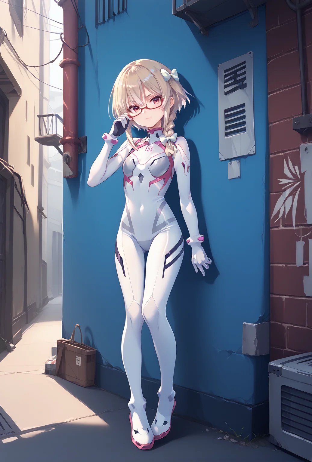 score_9, score_8_up, score_7_up, score_6_up, score_5_up, score_4_up,anime source,full body,
usami,1girl,blonde hair,braid,white hair bow,semi-rimless eyewear,head tilt,
Evasuit08, white bodysuit, multicolored bodysuit,
standing, hand on own eyewear,left arm at side,
ruin city,alley,sunset, <lora:UsamiXLPony:1>,<lora:Eva08XLPony:1>