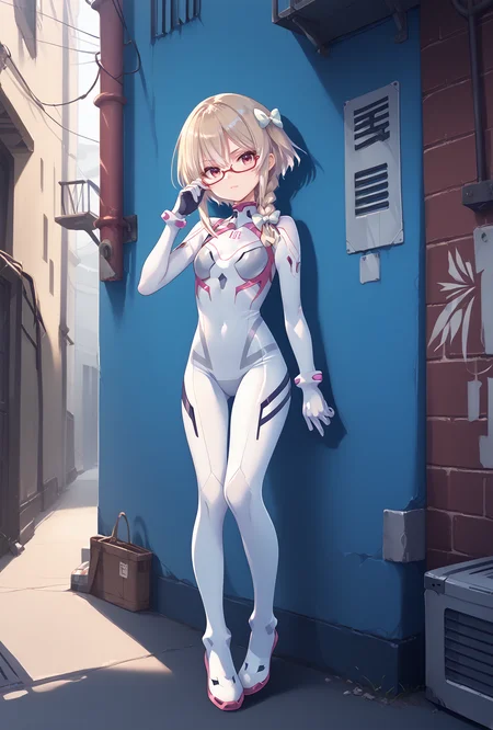 score_9, score_8_up, score_7_up, score_6_up, score_5_up, score_4_up,anime source,full body,
usami,1girl,blonde hair,braid,white hair bow,semi-rimless eyewear,head tilt,
Evasuit08, white bodysuit, multicolored bodysuit,
standing, hand on own eyewear,left arm at side,
ruin city,alley,sunset, <lora:UsamiXLPony:1>,<lora:Eva08XLPony:1>