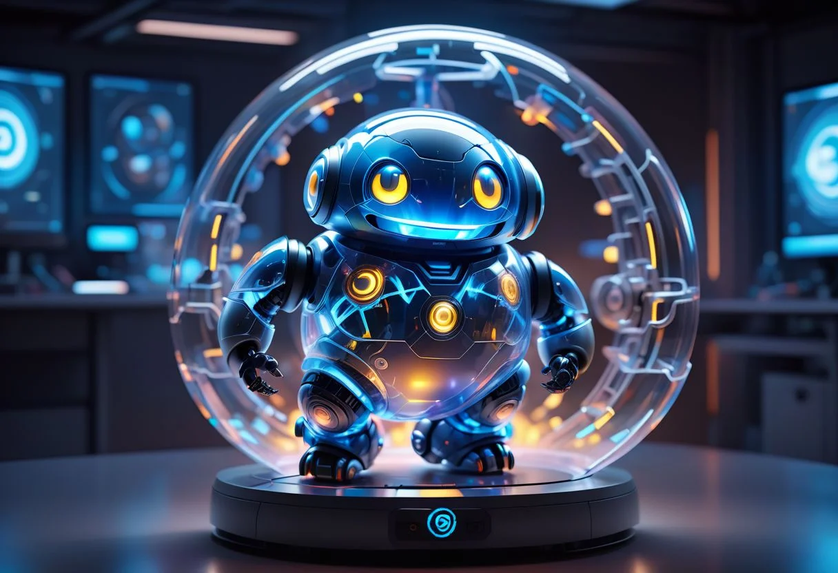 dynamic promotional render of (agile translucent polycarbonate office robot) with an LED screen face, spinning spherical wheel instead of legs, very fast, totally agile, emoticon, cute aesthetics, stunning unreal engine render, intricate details, OverallDetailXL