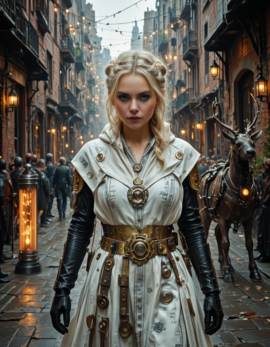 <lora:INWYTK_04flux:1> inwytk04, This photo immerses the viewer in a richly detailed steampunk-fantasy world. At its center stands a striking young woman adorned in elaborate attire that blends elements of futuristic technology with medieval regality. Her outfit includes a white cloak inscribed with intricate silver markings and embedded with metallic, gear-like medallions, while her high-waisted golden belt and black armored gloves evoke both nobility and combat readiness. Her braided blonde hair, styled in soft buns, enhances her ethereal, almost mythical appearance.
Behind her, the bustling street is alive with intriguing figures and fantastical elements: a glowing, cylindrical tube with indecipherable markings, a humanoid robot with a glowing core, and even a mechanical reindeer complete with leather harnesses and light fixtures. The brick buildings lining the street feature balconies with cables and lanterns, giving the setting a cozy but complex industrial ambiance. Overhead, strings of soft lights pierce the overcast sky, adding a whimsical charm to the atmosphere.
Overall, the scene feels like a vibrant marketplace or ceremonial avenue in a parallel steampunk universeâfull of life, invention, and magic. The poised yet enigmatic figure in the foreground appears to be a central character in this world, perhaps a guardian, a scientist-priestess, or a time traveler.