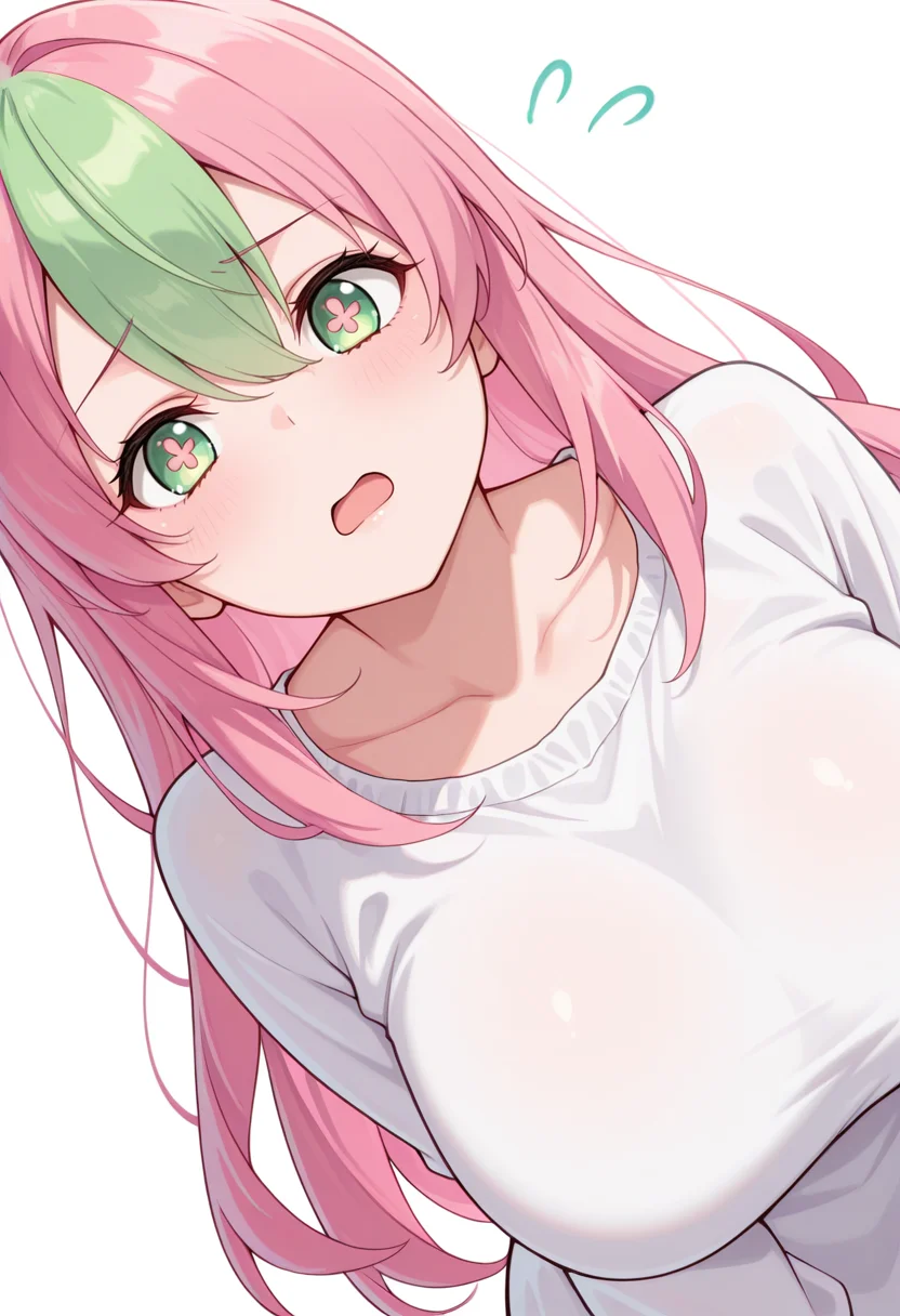 masterpiece,high quality details, absurdres,
<lora:Sakura_Kusagakure:0.8>
sakuracnr, 1girl,two-tone hair, green hair, pink hair, long hair,hair between eyes, green eyes, symbol-shaped pupils, large breasts,, simple background, white background, dutch angle,solo,, frustrated,open mouth,, ^o^,