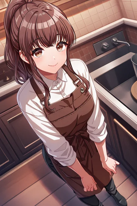 masterpiece, best quality, amazing quality,
<lora:Airi_IL:1> airi, 1girl, solo, brown hair, shirt, looking at viewer, white shirt, brown eyes, pants, apron, black footwear, smile, brown apron, ponytail, long hair, black pants, sidelocks, long sleeves, collared shirt, bangs, wrksk