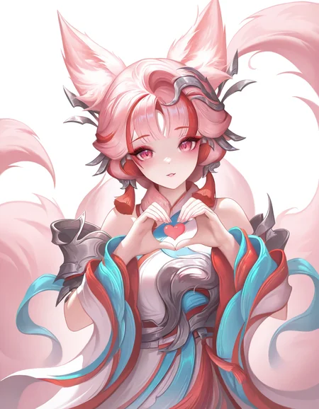 1girl,solo,simple background,white background,dajihu,fox tail,heart hands,<lora:dajihu-000012:1>,, masterpiece, best quality, very aesthetic, absurdres,newest, incredibly absurdres,