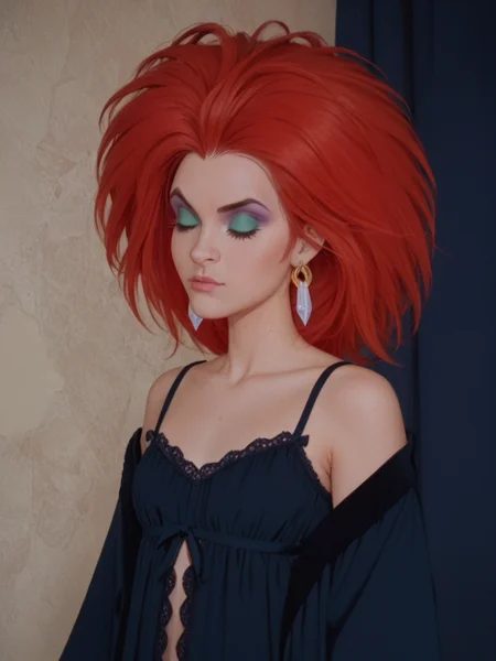 score_9, score_8_up, score_7_up,1girl, solo,    <lora:Dark_Princess_Pony:1> 1girl, solo, ssdp2, red hair, green eyes, nightgown, robe, diamond earrings, eyeshadow, makeup, standing, mouth closed, upper body, bare shoulders