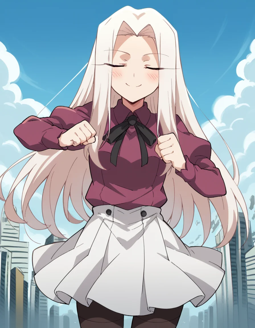 score_9, score_8_up, score_7_up, source_anime, <lora:irisviel-von-einzbern-zero-anime-ponyxl-lora-nochekaiser:1>, irisviel von einzbern, long hair, red eyes, white hair, parted bangs, hair intakes,, skirt, thighhighs, pantyhose, shirt, long sleeves, purple shirt, collared shirt, ribbon, black ribbon, juliet sleeves, white skirt, pleated skirt,, floating city, sky, futuristic, architecture, clouds, smile, <lora:shikairo-days-dance-ponyxl-lora-nochekaiser:1>, shikairo days dance, shikairo days dance (meme), dancing, meme, closed eyes, clenched hands, glowsticks, blush, smile,, looking at viewer, solo,, dutch angle, cowboy shot