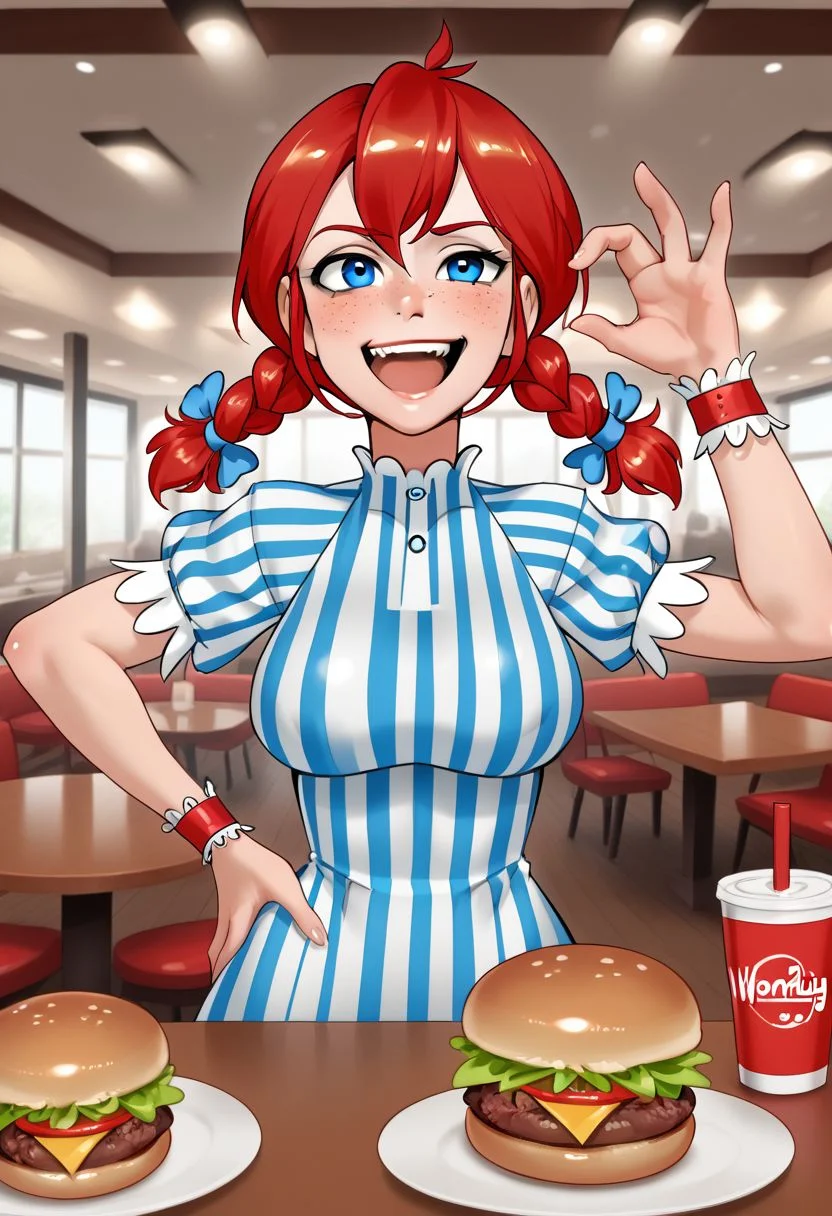 1girl, solo, upper body, vertical striped dress, red hair, freckles, blue eyes, pigtails, wrist cuffs, smug laugh, mouth open, ojou-sama pose, restaurant, burger, table, hand on hip, contrapposto, Wendy \(Wendy's\)