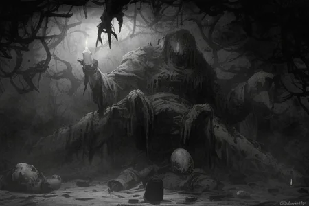 Photography, photorealistic, insanely real life detailed, 8k, highest resolution possible, sharp focus, taken with professional DSLR and lenses, cinematic, taken best skilled cinematographer, 
mong, monster, horror \(haunted house\), Darkness,
haunted house,night,dark,sparse Candlelight, creepy, scary,terrifying
horror movie atmosphere, cinematic dark night time lighting and dramatic shadows,