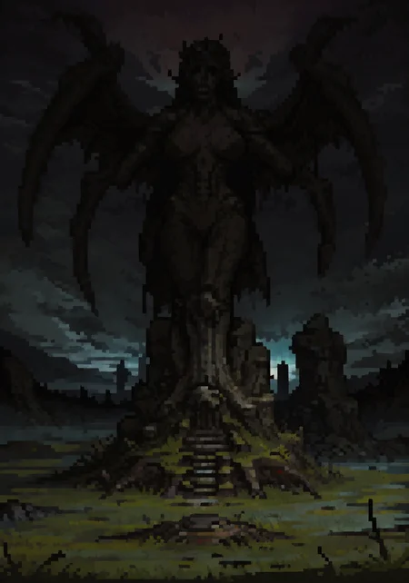 (evocative masterpiece),best quality,very complex hyper-maximalist overdetailed , (an extremely delicate and beautiful),wide angle, 4k,8k,uhd,nsfw,Middle Earth, Mirkwood <lora:Fantasy:1>,giant statue of mother of demons,made of stone,lilith from diablo IV,large breasts,devil,bust,part of land,grown into the ground,in background, horror \(theme\),pedestal,foreground,middle ground,background,intricate detailed environment,dark atmosphere, shadows,atmospheric lighting, floating particles, corrupted by eldritch power,moss,moisture,(amputee,no arms,no legs:1.3), fantasy,(covered in grass) <lora:Style_of_the_Winds:0.5> <lora:incaseStyleLora_incaseAnythingV3Lora:0.5> <lora:horror_slider_v21:3> <lora:DarkestDungeonV2:0.25> <lora:LilithDiabloV2:0.5>