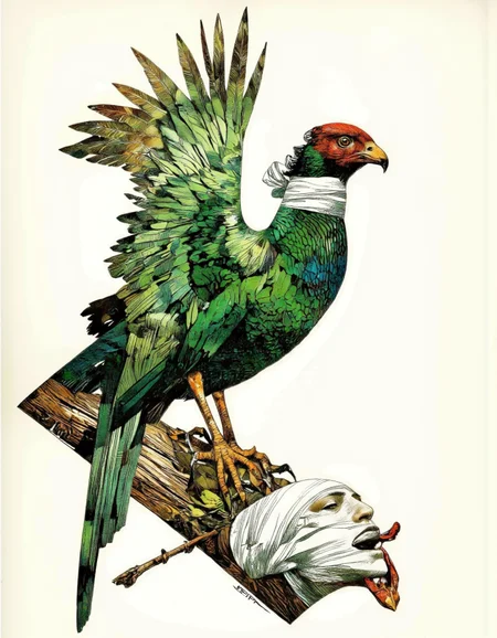 Art by Sergio Toppi. A surreal, fantastical illustration shoot from a frontal camera angle about a green bird with a bandaged head and intricate patterns, posed in a stylized manner. on the middle of the image, a large, green bird, known as a pheasant, is sitting on a branch with its wings spread wide, showcasing intricate patterns and a pair of talons. the bird has a muscular build and a long, slender body, with its red eyes looking directly at the viewer. it appears to be holding a small, leafy object in its talons, which is resting on the branch. the background is a stark white, which contrasts with the vibrant green of the bird's feathers and the intricate patterns of its feathers. the image also features a close-up of a person's face, with a white bandage wrapped around their head, adding to the surreal and fantastical feel of the illustration.