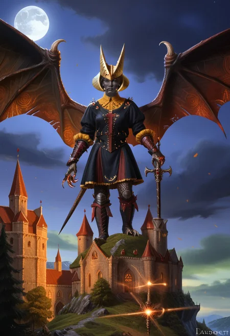 Masterpiece, best quality, amazing quality, absurdres, highly detailed, very aesthetic, fantasy, classicfantasy, classicfantasy art, Devil Trigger, monster form, monster, wings, horns, black skin,l, amber glow, claws, fangs, holding weapon, medieval, castle, night,