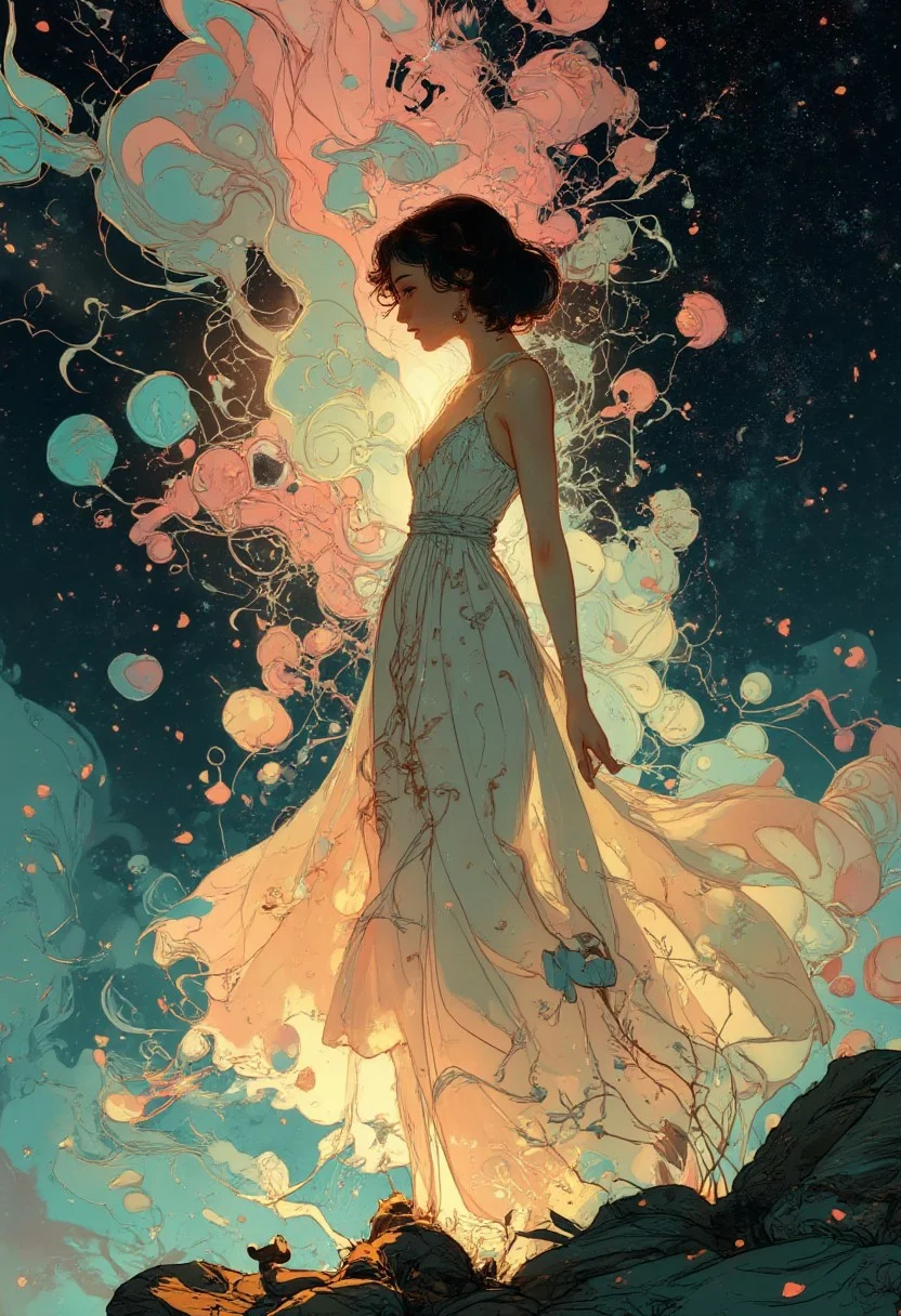 Anime art, A captivating light painting of an abstract young woman emerging from the fluid forms of surreal sheet music. Her silhouette is composed of cascading hearts in pastel hues, and her gown flows gracefully, blending with the ethereal breeze. The background is a luminous cosmic scene rendered in the Art Nouveau style, featuring dreamlike flowing lines and fantastical organic shapes. The entire scene is illuminated by soft, ambient light, casting subtle, diffuse shadows. The color palette consists of soft pinks, light blues, and gentle yellows, creating a delicate and dreamy atmosphere.