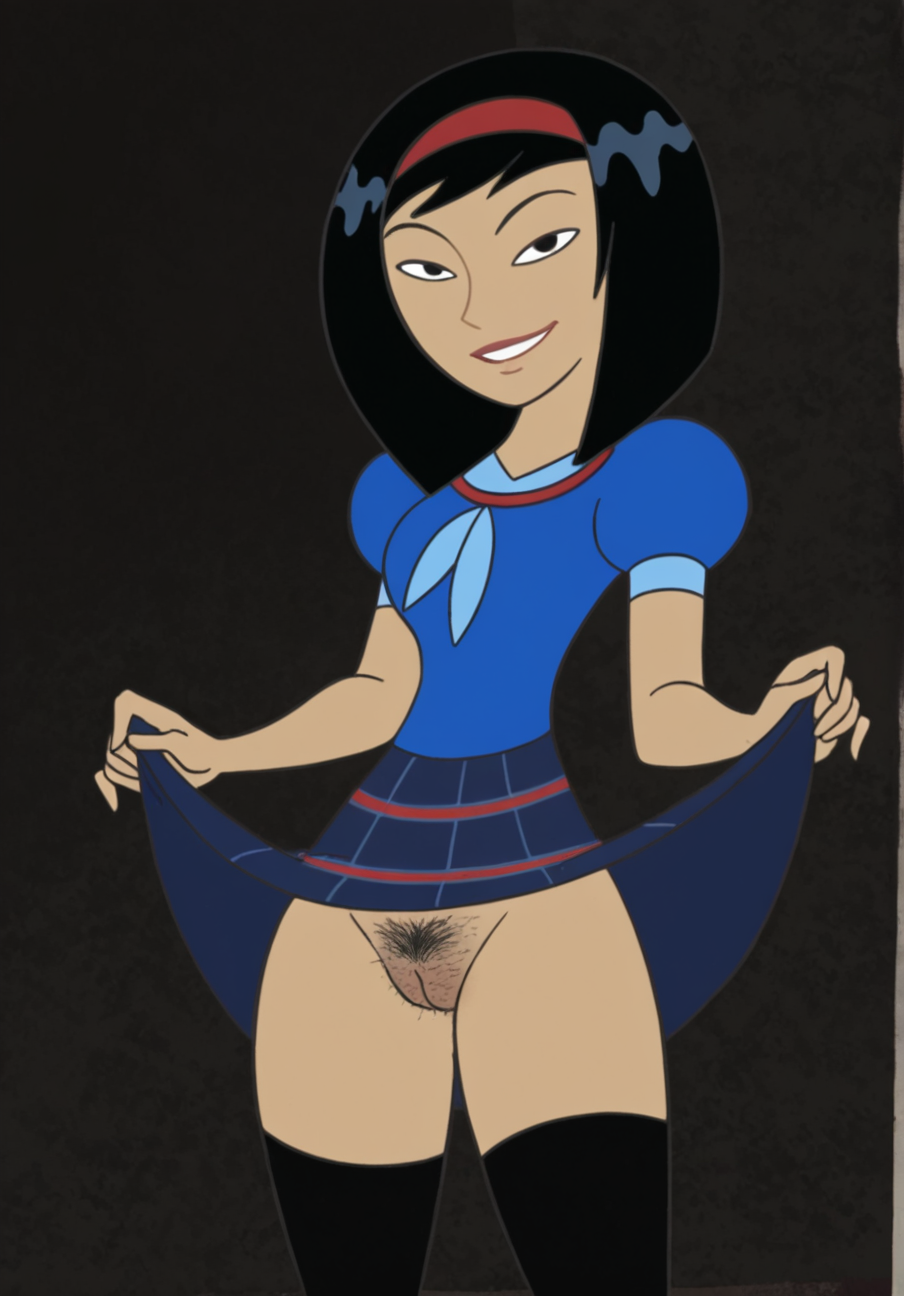 masterpiece, best quality, high quality, 

1girl, KPYoriGirl, flat colors, parody, score_9, black hair, black eyes, red hairband, blue shirt, skirt, thigh highs.

simple black background, looking at viewer, smile, skirt lift, hairy pussy