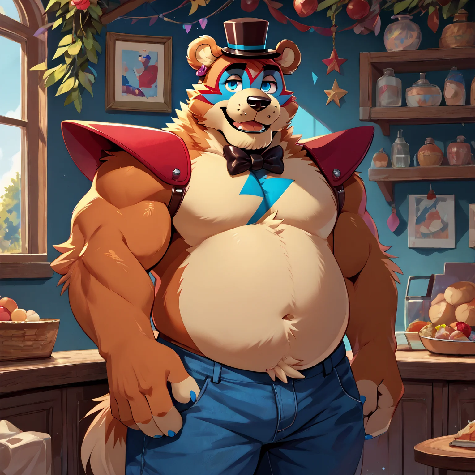 <lora:bigfreddy_ponyxl-10:1>  score_9_up, score_8_up, score_7_up, source_furry, best quality, masterpiece, (bigfreddy), bear ears, solo, (looking at viewer), perfect body,  (perfect anatomy),  fluffy paws, (fluffy paws), detailed ears, detailed hands, detailed body, perfect body, (detailed hands),  zPDXL3, detailed hat, male focus,  (flat chest), fluffy head:0.8,  (black bowtie),, muscular, older, mature male, pants, 
 <lora:HandFixer_pdxl_Incrs_v1:0.5>
