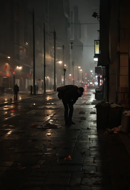 pile of garbage, street, modern city at night, drunk man vomiting, streetlight reflections, puddles of filth <lora:sd_xl_offset_example-lora_1.0:0.4> <lora:Projext_X2:-1.0> <lora:Night_in_Tokyo_by_Styx:0.75>