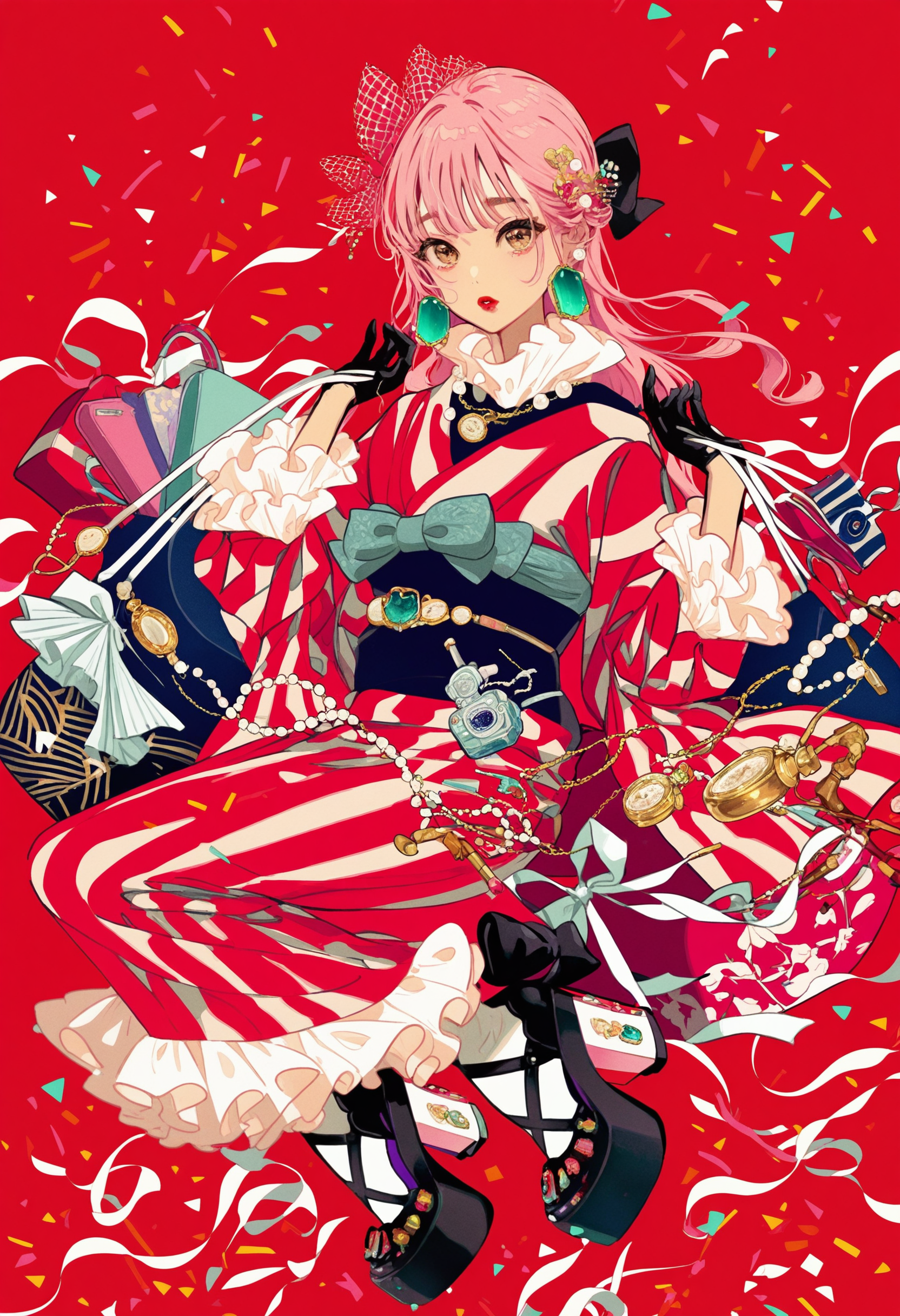 1girl, gloves, solo, pink hair, kimono, jewelry, japanese clothes, black gloves, earrings, striped kimono, sash, frills, bow, obi, red kimono, looking at viewer, gem, red background, watch, platform footwear, makeup, black footwear, ribbon, full body, hair bow, wide sleeves, confetti, holding, camera, hair ornament, striped clothes, long sleeves, black bow, lipstick, bag, vertical-striped clothes, simple background, hand mirror, handbag, mirror, frilled kimono, parted lips, sandals, long hair, multicolored kimono, frilled sleeves, white socks, red lips, pocket watch, brown eyes, necklace, BREAK,highres,absurdres,masterpiece,newest,best quality,Visual impact,very awa,very aesthetic,amazing quality