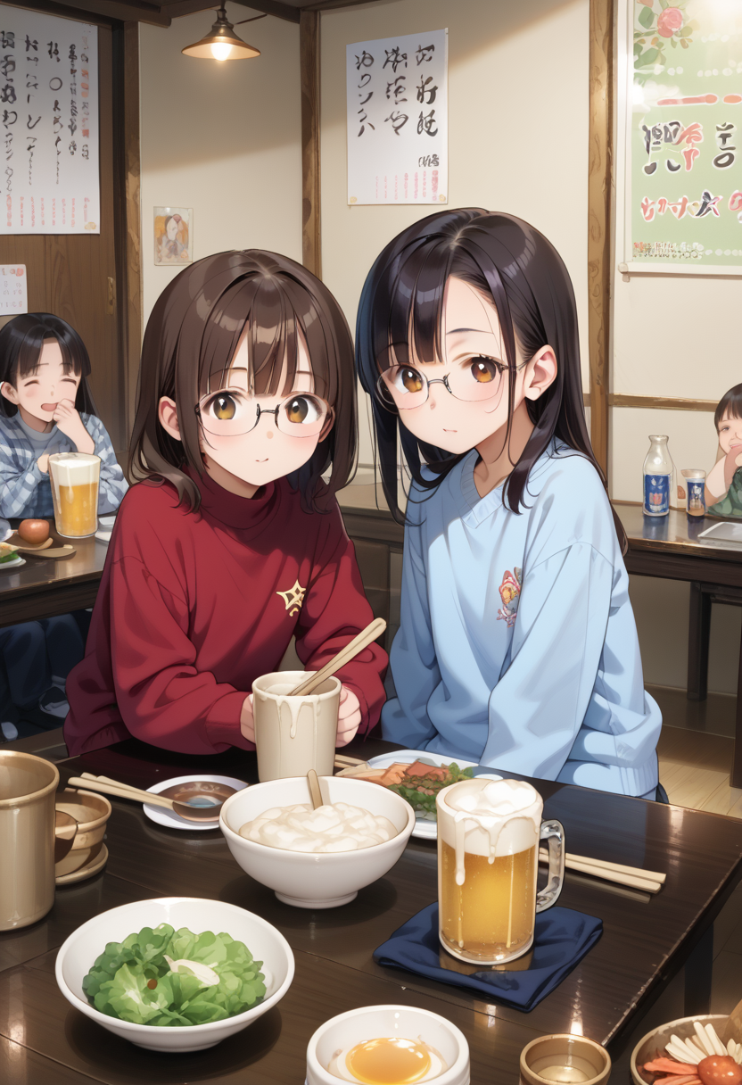 score_9, score_8_up, score_7_up, rating_safe, masterpiece, best quality, absurdres, unity 8k wallpaper, official art, official style, source_anime, game cg, megami magazine,
murayakuba, izakaya, multiple girls, table, indoors, black hair, cup, holding, beer mug, medium hair, sitting, shirt, bowl, plaid shirt, glasses, red shirt, plaid, food, long sleeves, sweater,  spoon, brown hair, jacket, chopsticks, bottle, poster (object)
 <lora:murayakuba_pony_V1:1>